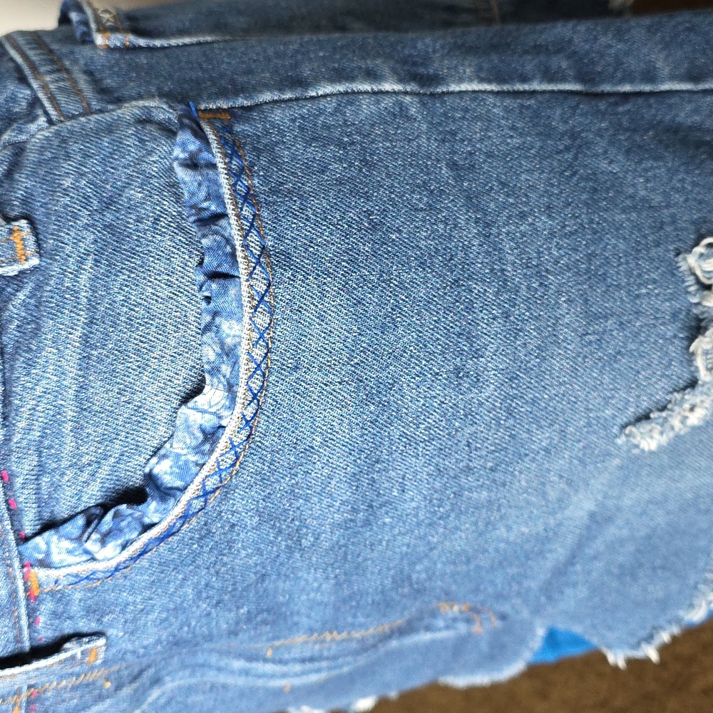 Upcycled Red and Blue Tiered Distressed Midi Blue Jean Skirt - Picture 5 of 12